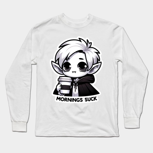 Mornings Suck Vampire Pun With Coffee Gothic Black and White Long Sleeve T-Shirt by Dad and Co